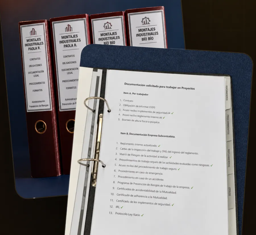 Archivadores de documentación de Montajes Industriales Bío Bío con la lista de documentos solicitados para trabajar en proyectos